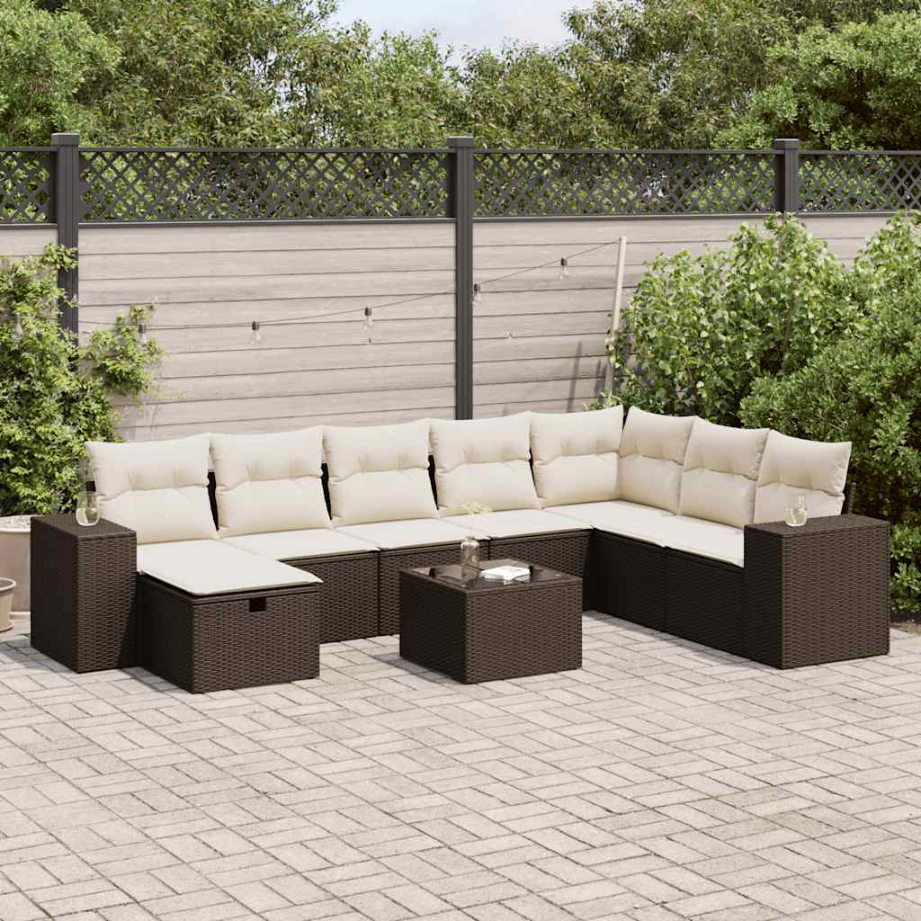 9-tlg. Garten-Sofagarnitur mit Kissen Braun Poly Rattan