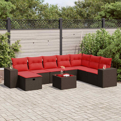 9-tlg. Garten-Sofagarnitur mit Kissen Braun Poly Rattan