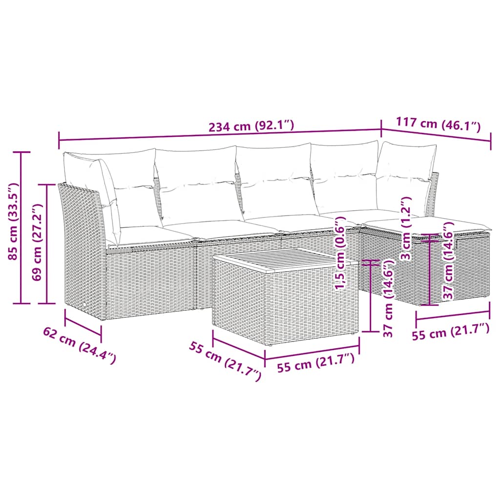 vidaXL 6-tlg. Garten-Sofagarnitur mit Kissen Schwarz Poly Rattan