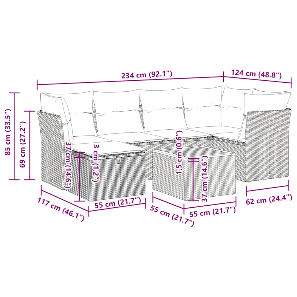 vidaXL 7-tlg. Garten-Sofagarnitur mit Kissen Schwarz Poly Rattan