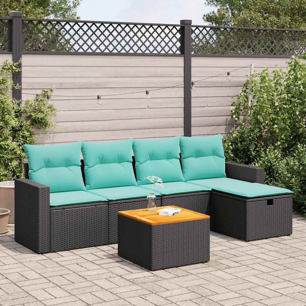 6-tlg. Garten-Sofagarnitur mit Kissen Schwarz Poly Rattan