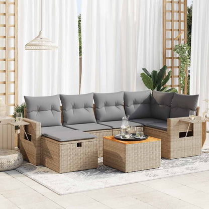 7-tlg. Garten-Sofagarnitur mit Kissen Beige Poly Rattan