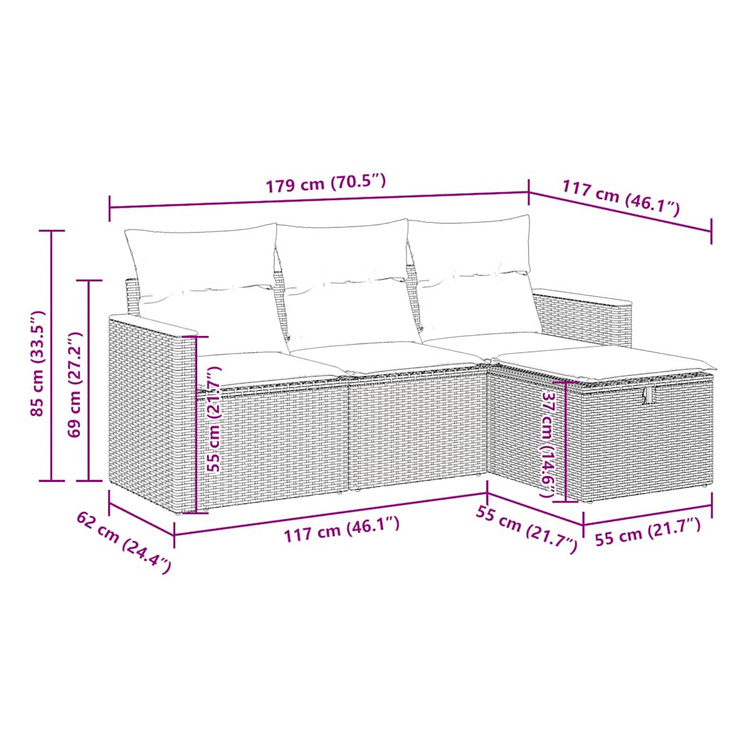vidaXL 4-tlg. Garten-Sofagarnitur mit Kissen Schwarz Poly Rattan