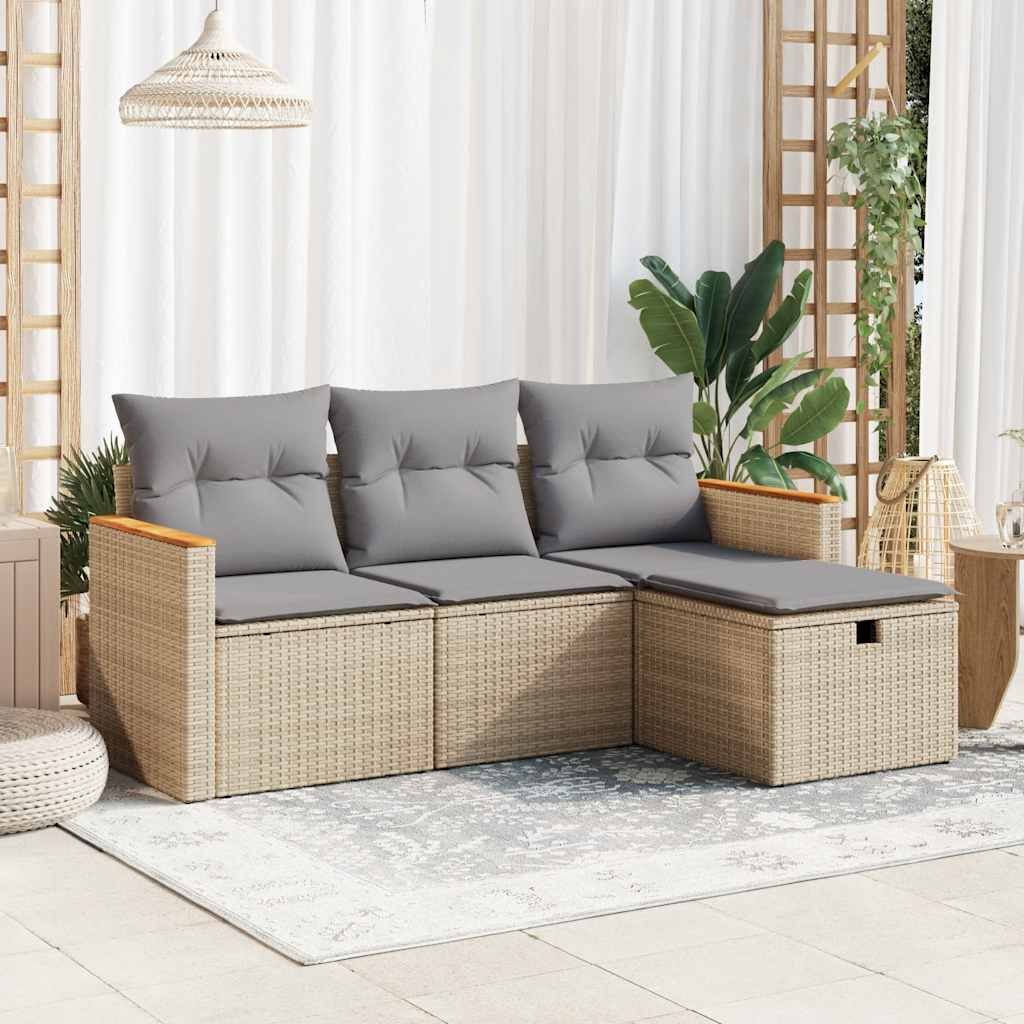 vidaXL 4-tlg. Garten-Sofagarnitur mit Kissen Beige Poly Rattan