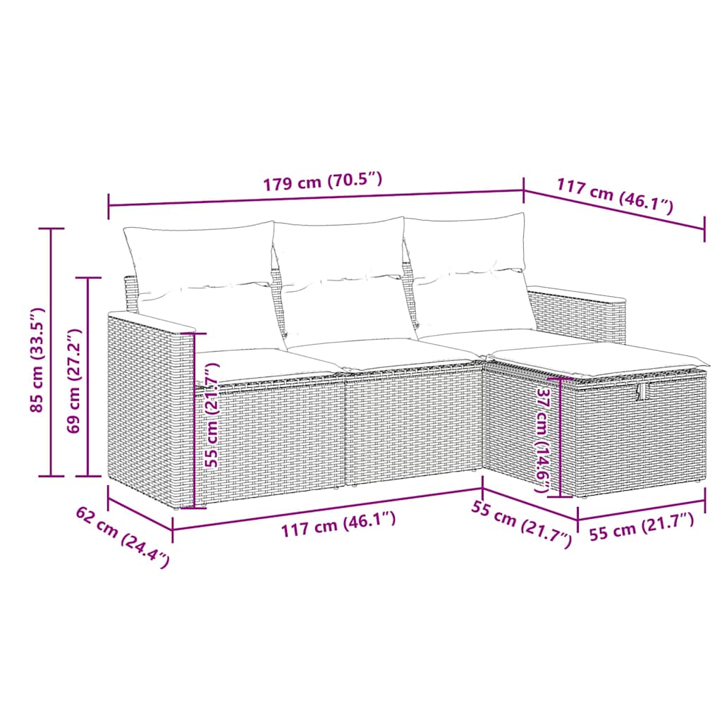 vidaXL 4-tlg. Garten-Sofagarnitur mit Kissen Grau Poly Rattan