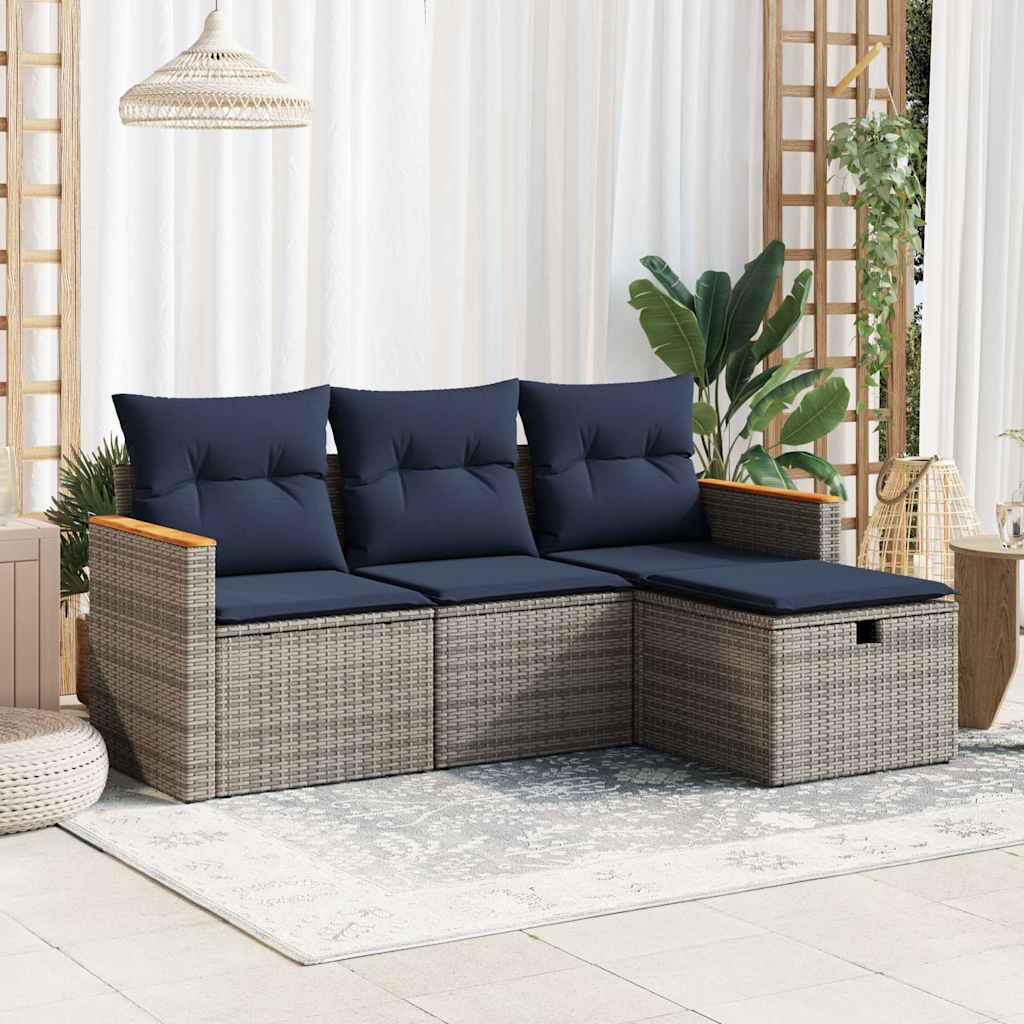 4-tlg. Garten-Sofagarnitur mit Kissen Grau Poly Rattan