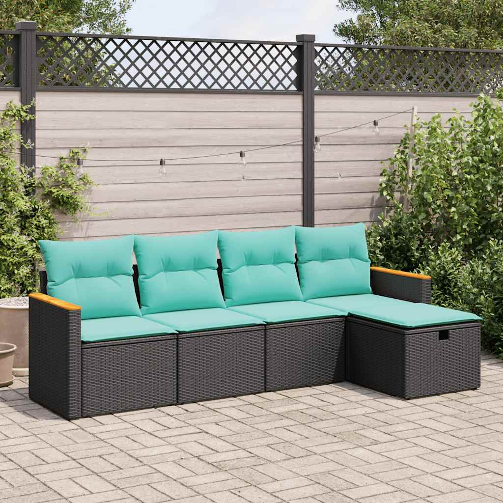 vidaXL 5-tlg. Garten-Sofagarnitur mit Kissen Schwarz Poly Rattan