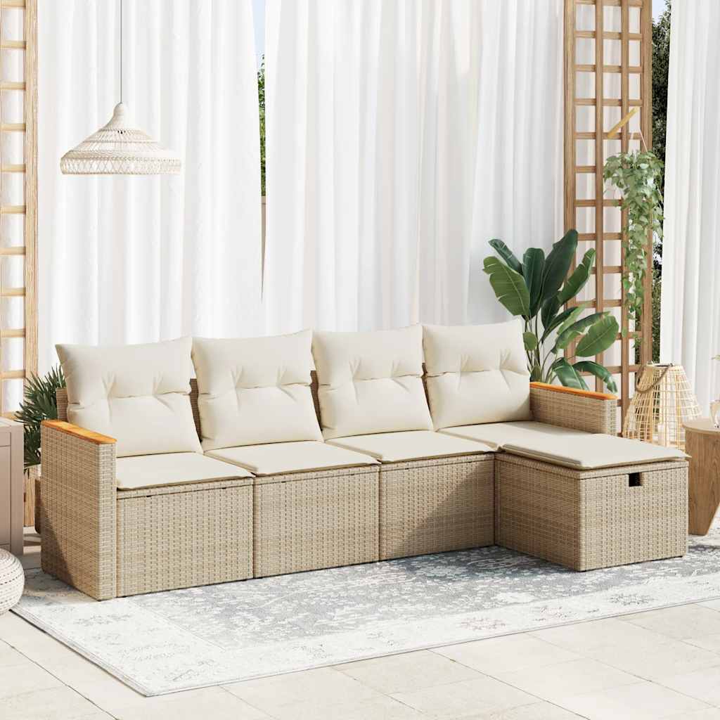 5-tlg. Garten-Sofagarnitur mit Kissen Beige Poly Rattan