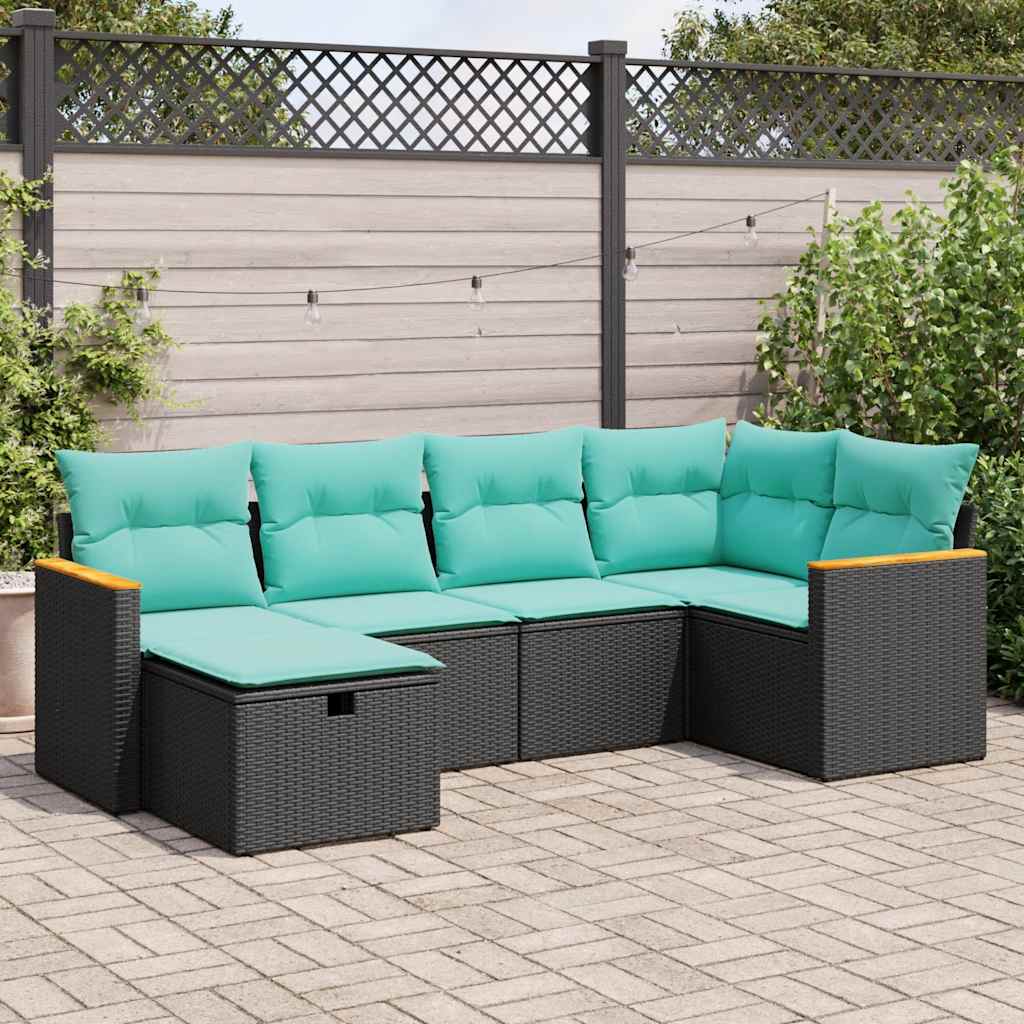 6-tlg. Garten-Sofagarnitur mit Kissen Schwarz Poly Rattan