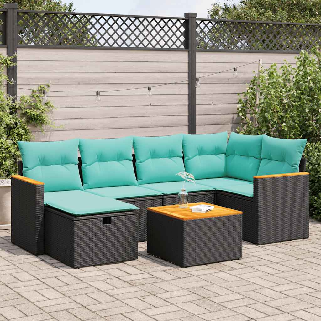 vidaXL 7-tlg. Garten-Sofagarnitur mit Kissen Schwarz Poly Rattan