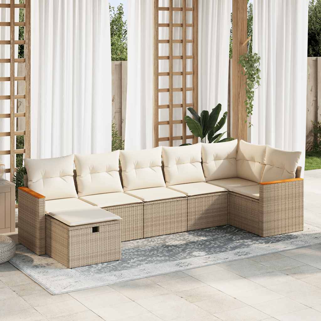 7-tlg. Garten-Sofagarnitur mit Kissen Beige Poly Rattan