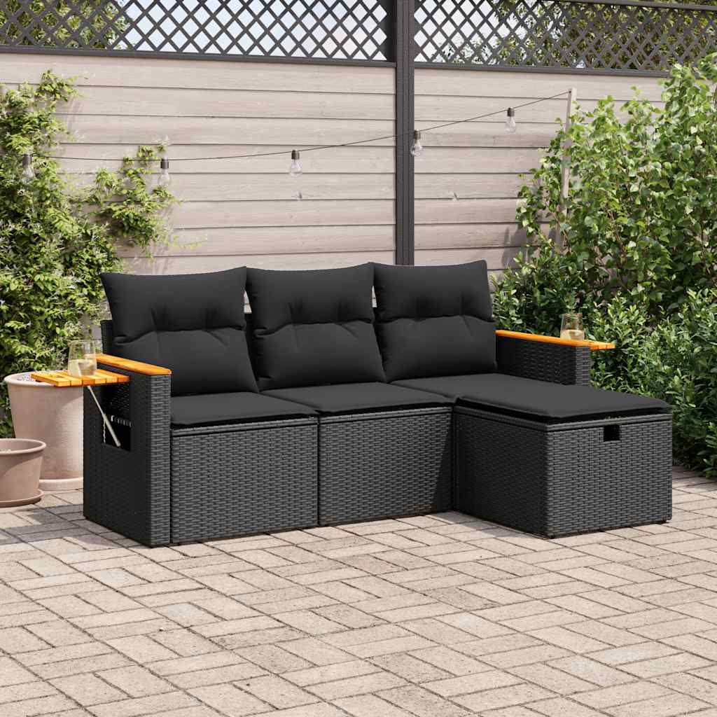 vidaXL 4-tlg. Garten-Sofagarnitur mit Kissen Schwarz Poly Rattan
