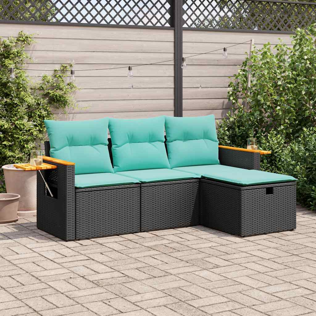 4-tlg. Garten-Sofagarnitur mit Kissen Schwarz Poly Rattan