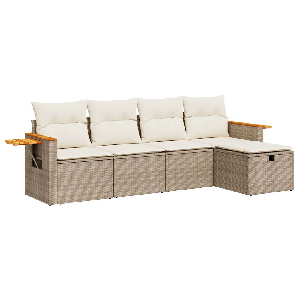 5-tlg. Garten-Sofagarnitur mit Kissen Beige Poly Rattan