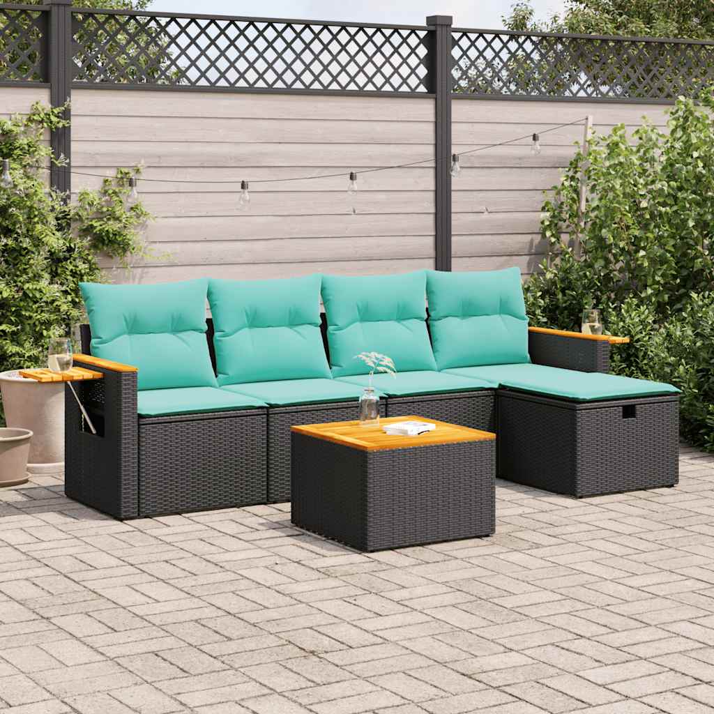 vidaXL 6-tlg. Garten-Sofagarnitur mit Kissen Schwarz Poly Rattan
