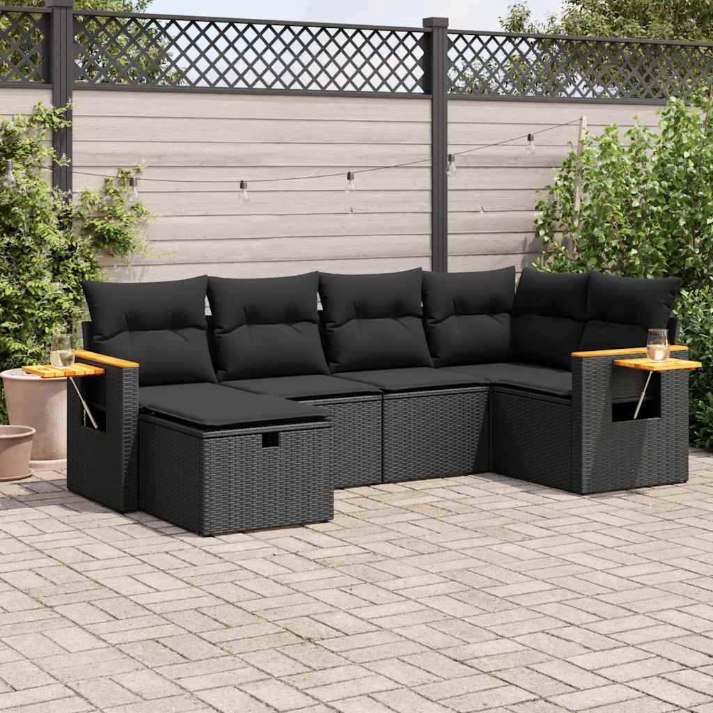 6-tlg. Garten-Sofagarnitur mit Kissen Schwarz Poly Rattan