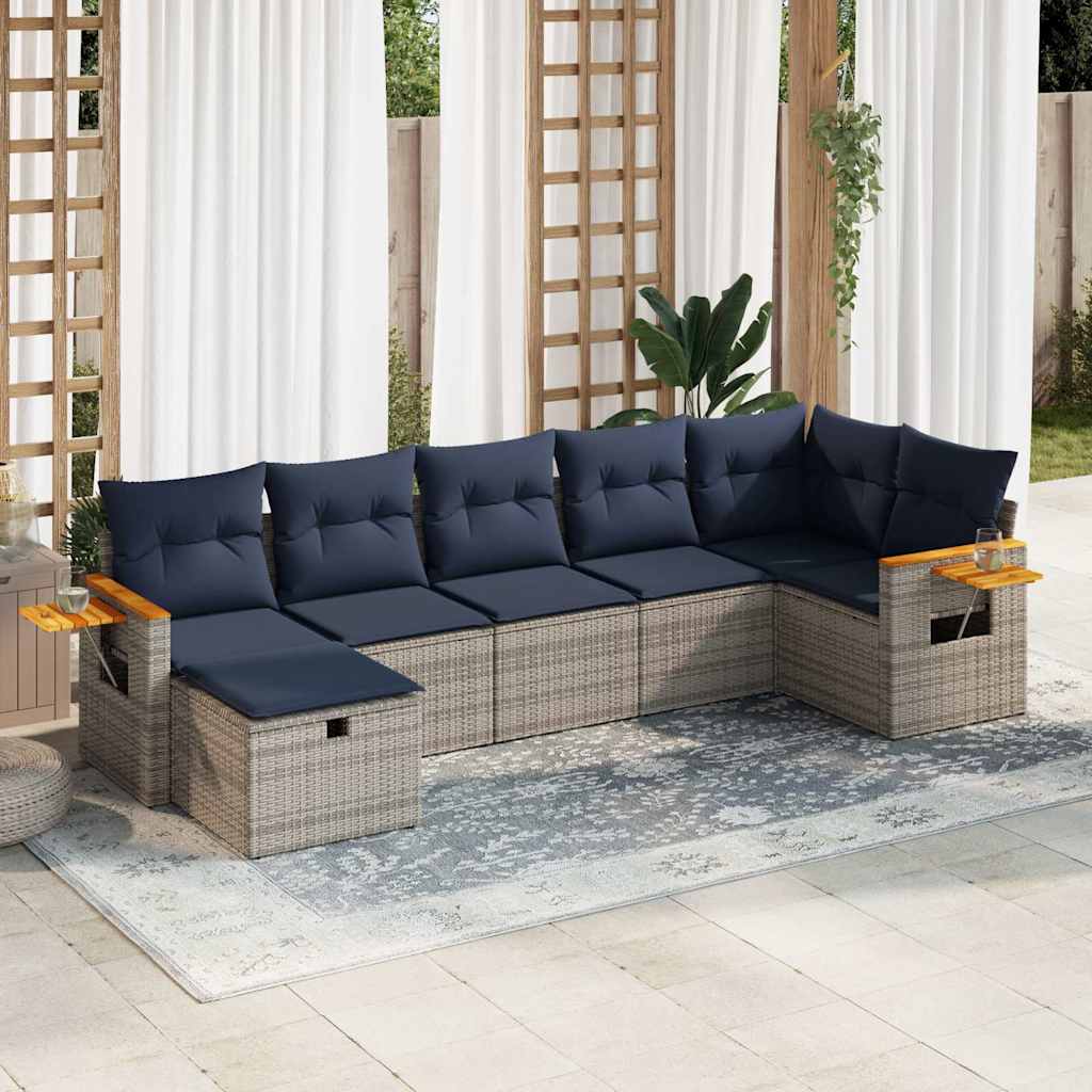 7-tlg. Garten-Sofagarnitur mit Kissen Grau Poly Rattan