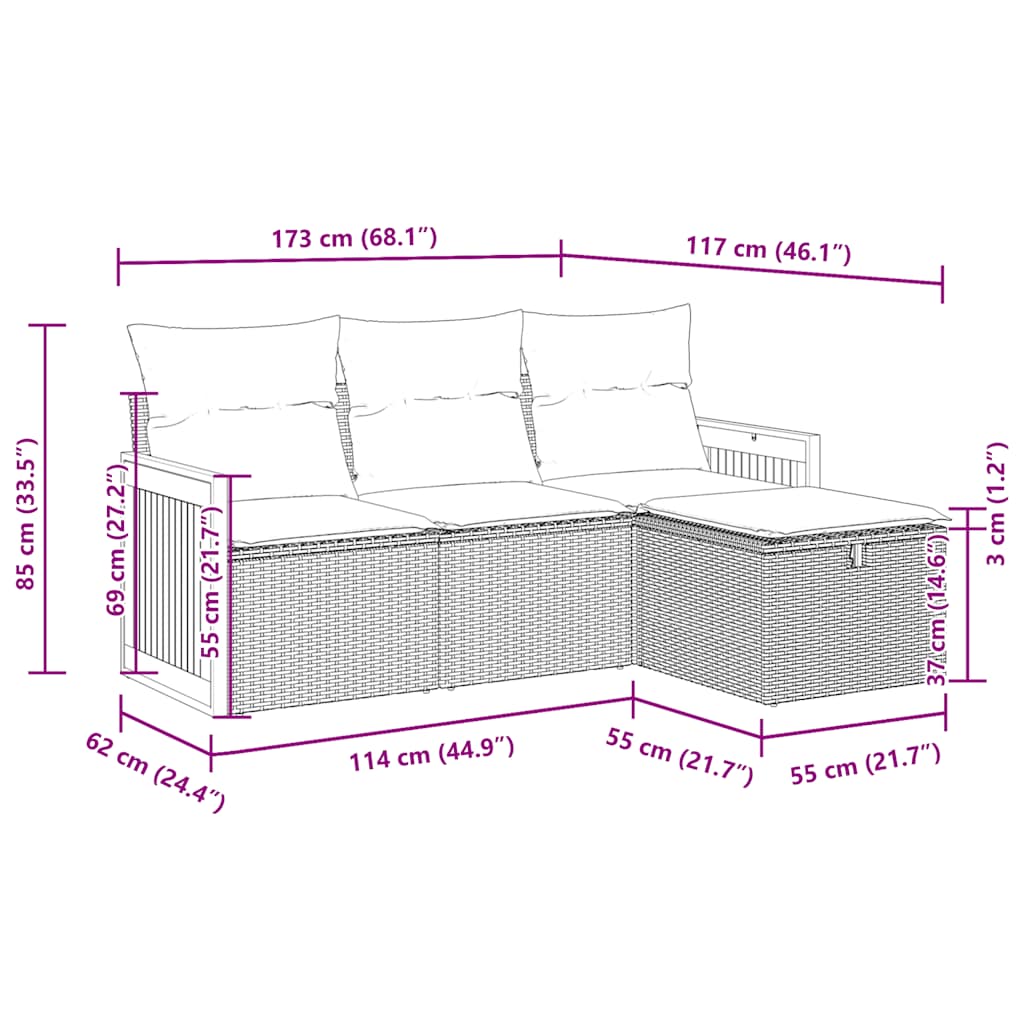 vidaXL 4-tlg. Garten-Sofagarnitur mit Kissen Schwarz Poly Rattan
