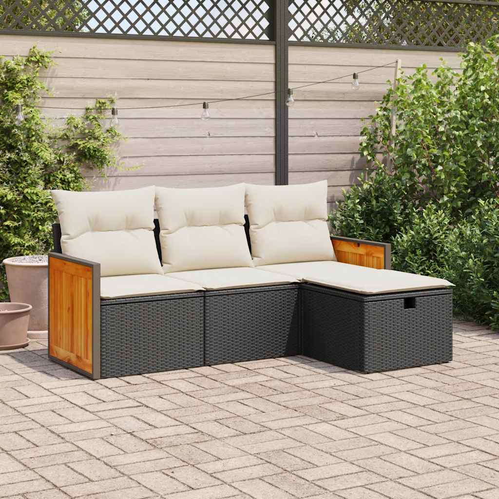 vidaXL 4-tlg. Garten-Sofagarnitur mit Kissen Schwarz Poly Rattan