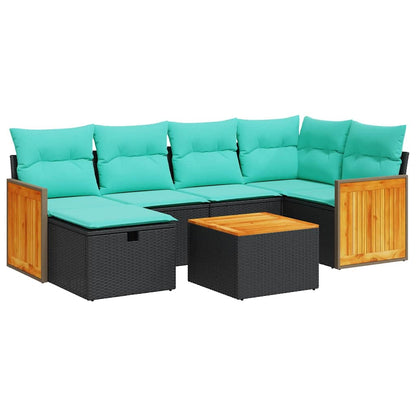 7-tlg. Garten-Sofagarnitur mit Kissen Schwarz Poly Rattan