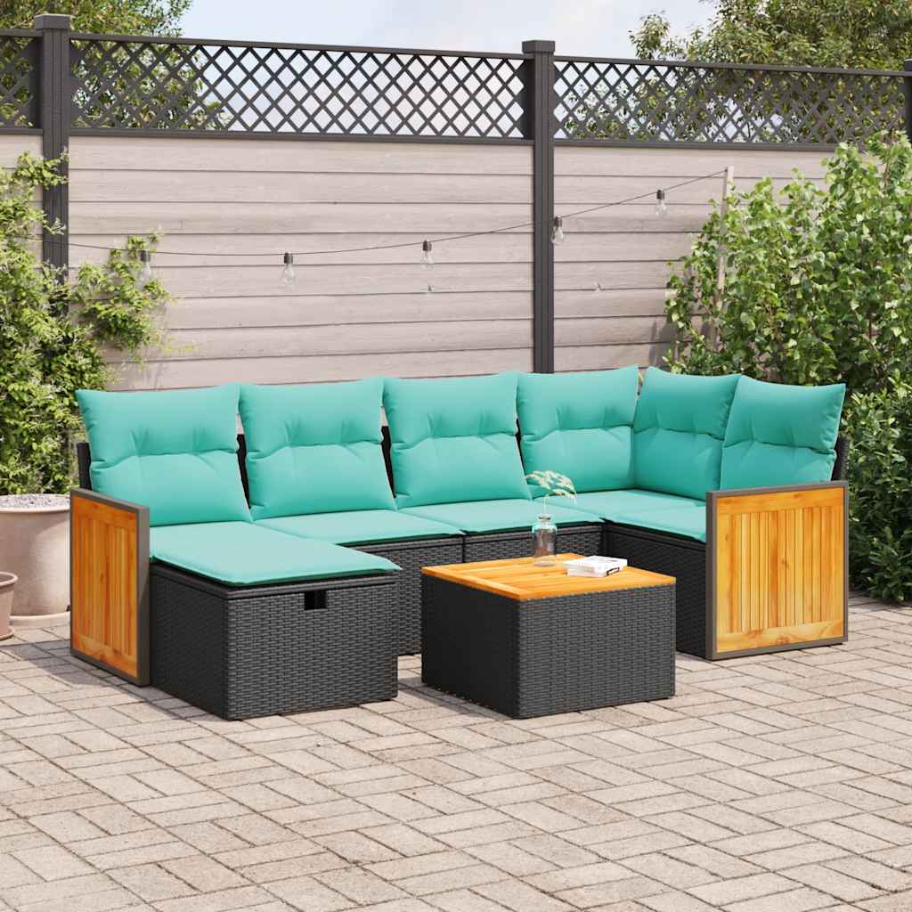 7-tlg. Garten-Sofagarnitur mit Kissen Schwarz Poly Rattan
