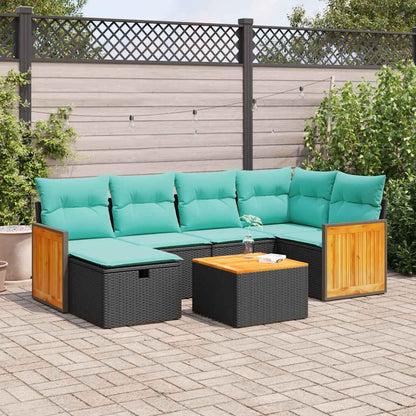 7-tlg. Garten-Sofagarnitur mit Kissen Schwarz Poly Rattan