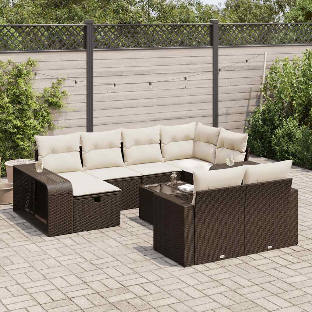 11-tlg. Garten-Sofagarnitur mit Kissen Braun Poly Rattan