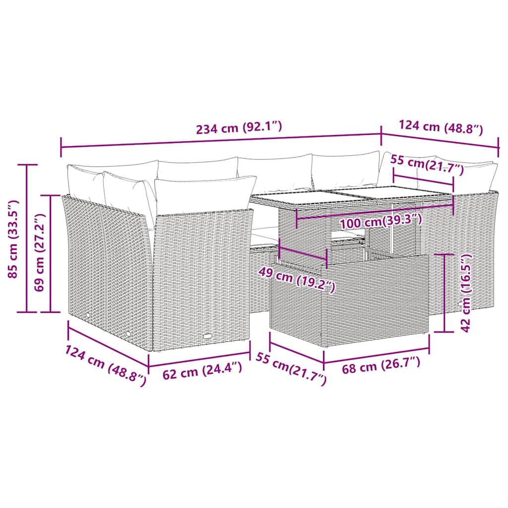 vidaXL 7-tlg. Garten-Sofagarnitur mit Kissen Schwarz Poly Rattan
