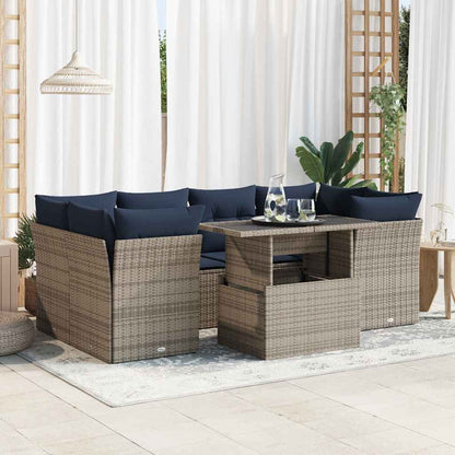 7-tlg. Garten-Sofagarnitur mit Kissen Grau Poly Rattan Akazie