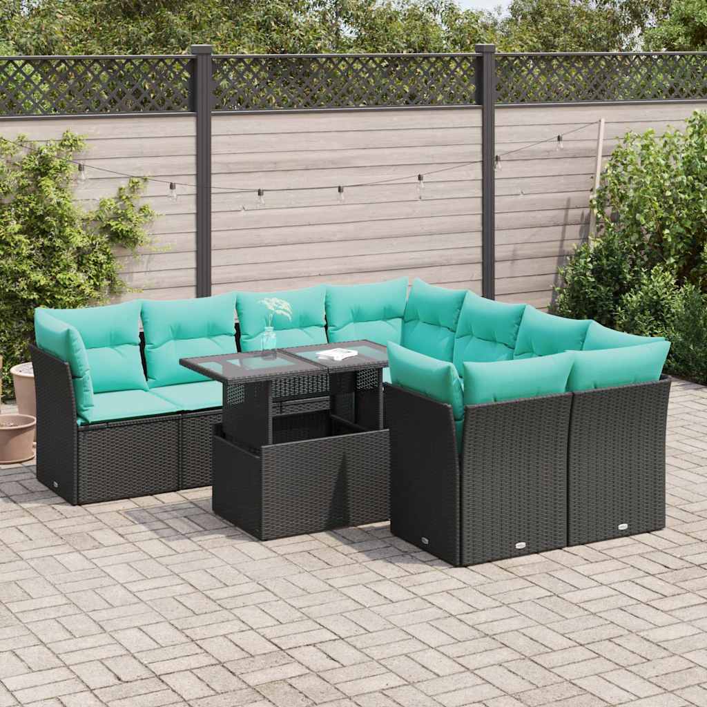 9-tlg. Garten-Sofagarnitur mit Kissen Schwarz Poly Rattan