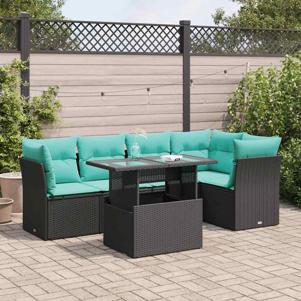 6-tlg. Garten-Sofagarnitur mit Kissen Schwarz Poly Rattan