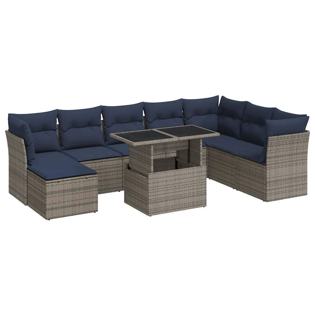 vidaXL Salon de jardin 9 pcs avec coussins Gris Résine tressée Acacia