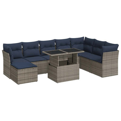 vidaXL Salon de jardin 9 pcs avec coussins Gris Résine tressée Acacia