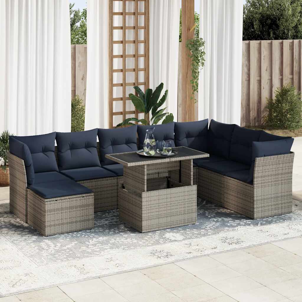 vidaXL Salon de jardin 9 pcs avec coussins Gris Résine tressée Acacia