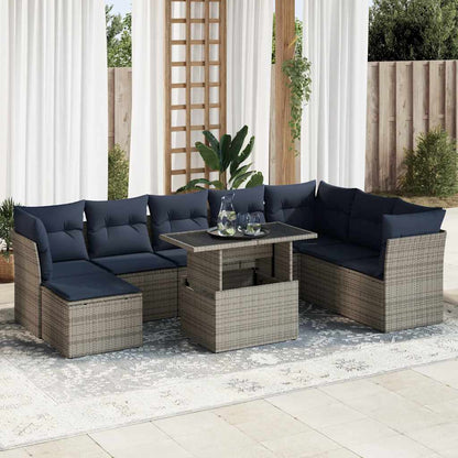 vidaXL Salon de jardin 9 pcs avec coussins Gris Résine tressée Acacia