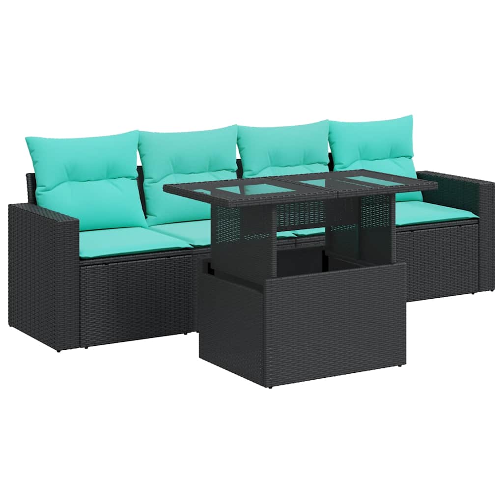 vidaXL 5tlg. Garten-Sofagarnitur mit Kissen Schwarz Poly Rattan Akazie