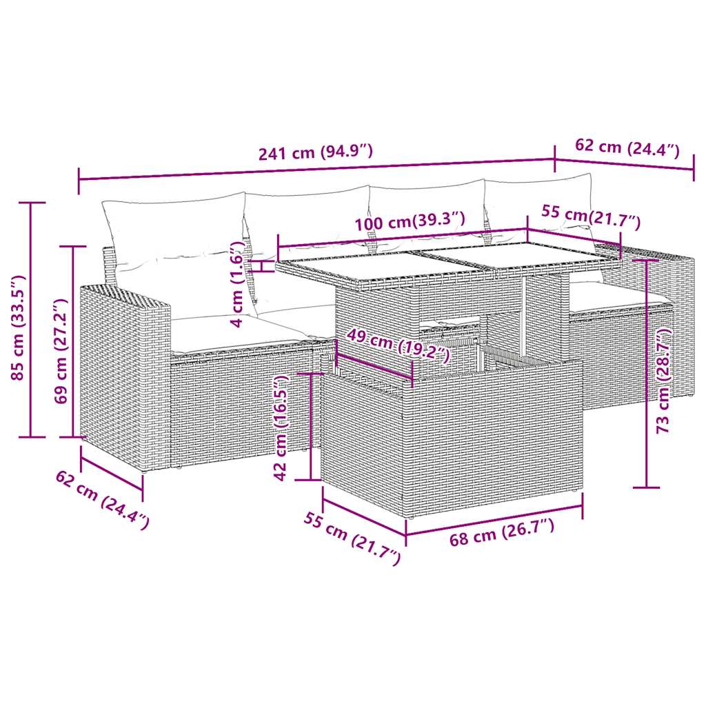 vidaXL 5tlg. Garten-Sofagarnitur mit Kissen Schwarz Poly Rattan Akazie