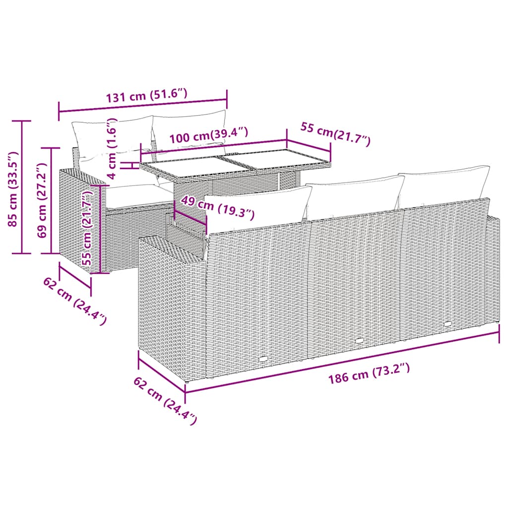 6-tlg. Garten-Sofagarnitur mit Kissen Schwarz Poly Rattan