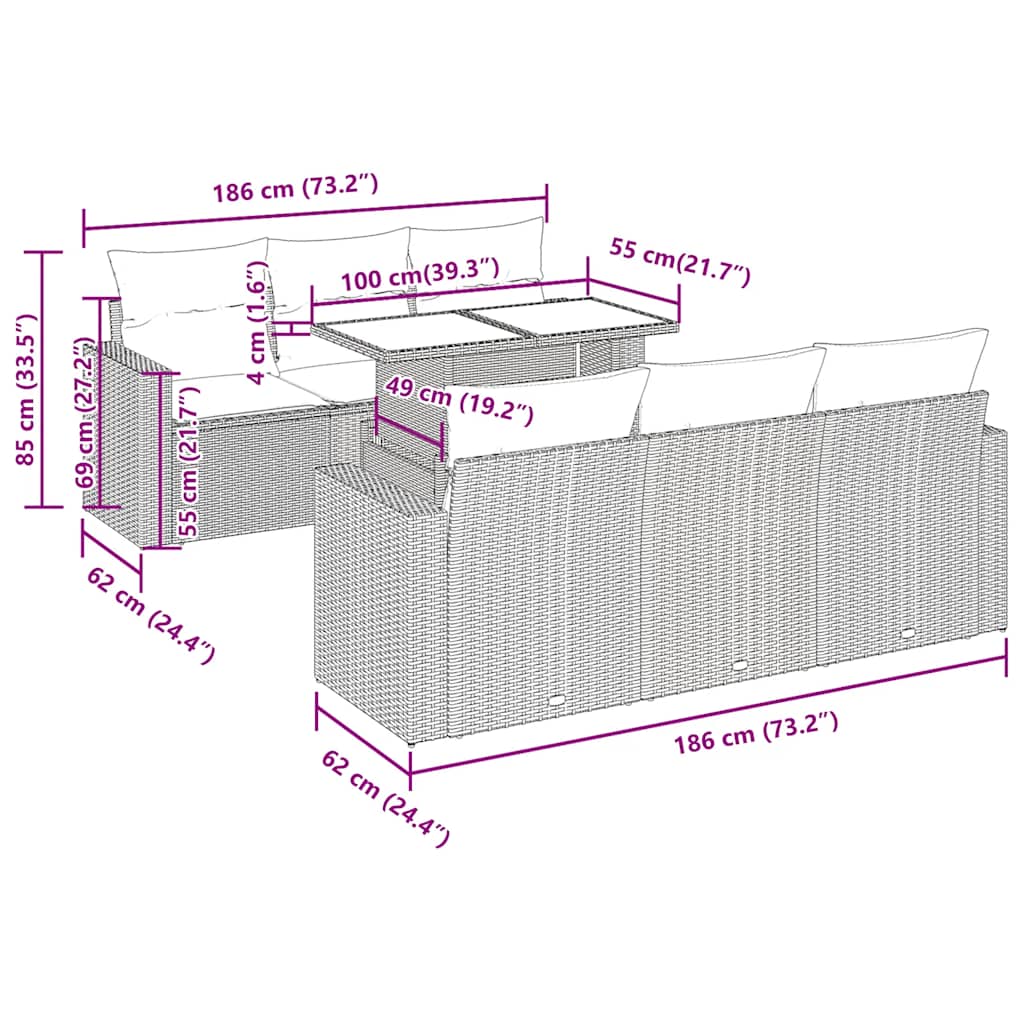 vidaXL 7-tlg. Garten-Sofagarnitur mit Kissen Braun Poly Rattan Akazie