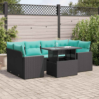 7-tlg. Garten-Sofagarnitur mit Kissen Schwarz Poly Rattan