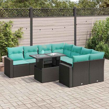 9-tlg. Garten-Sofagarnitur mit Kissen Schwarz Poly Rattan