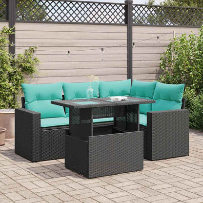 5tlg. Garten-Sofagarnitur mit Kissen Schwarz Poly Rattan Akazie