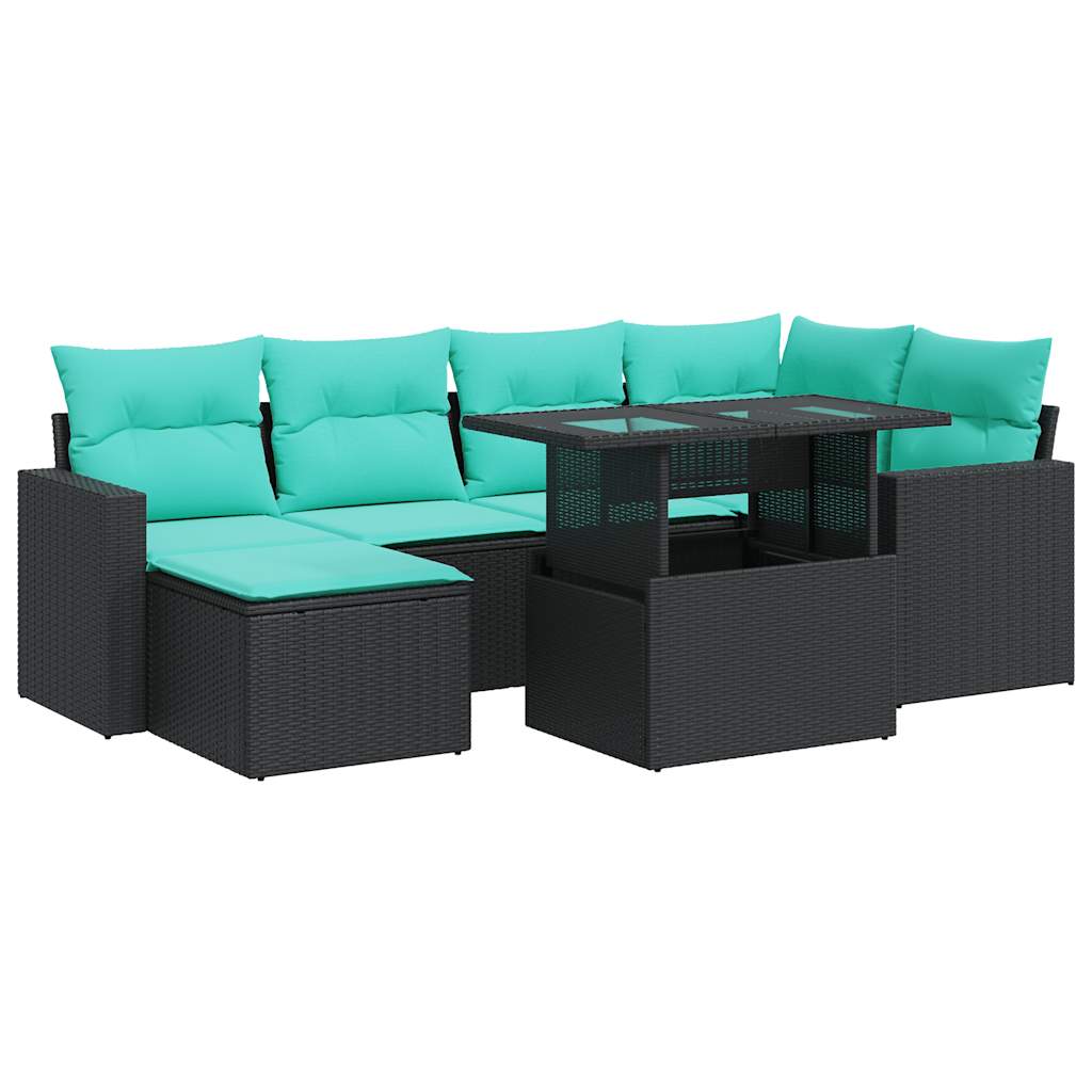 7-tlg. Garten-Sofagarnitur mit Kissen Schwarz Poly Rattan