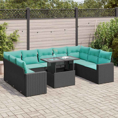10-tlg. Garten-Sofagarnitur mit Kissen Schwarz Poly Rattan