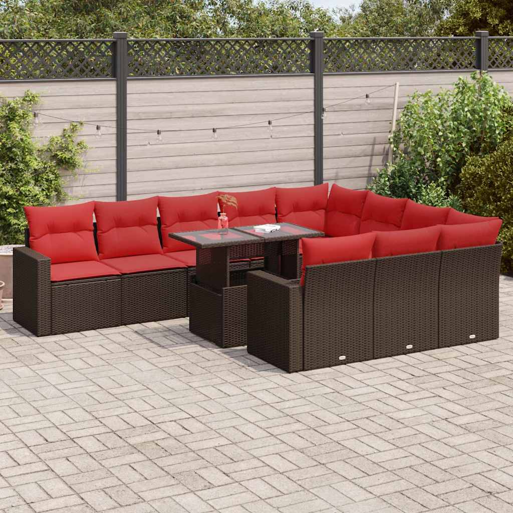 vidaXL Salon de jardin 11 pcs avec coussins Marron Résine tressée Acacia