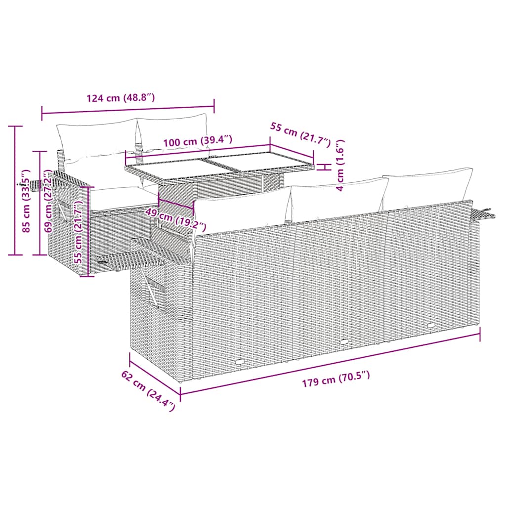 vidaXL 6-tlg. Garten-Sofagarnitur mit Kissen Schwarz Poly Rattan Akazie