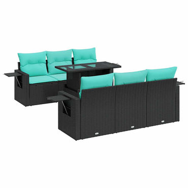 vidaXL 7-tlg. Garten-Sofagarnitur mit Kissen Schwarz Poly Rattan Akazie