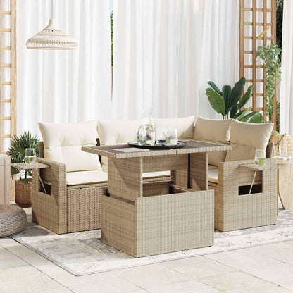 5-tlg. Garten-Sofagarnitur mit Kissen Beige Poly Rattan