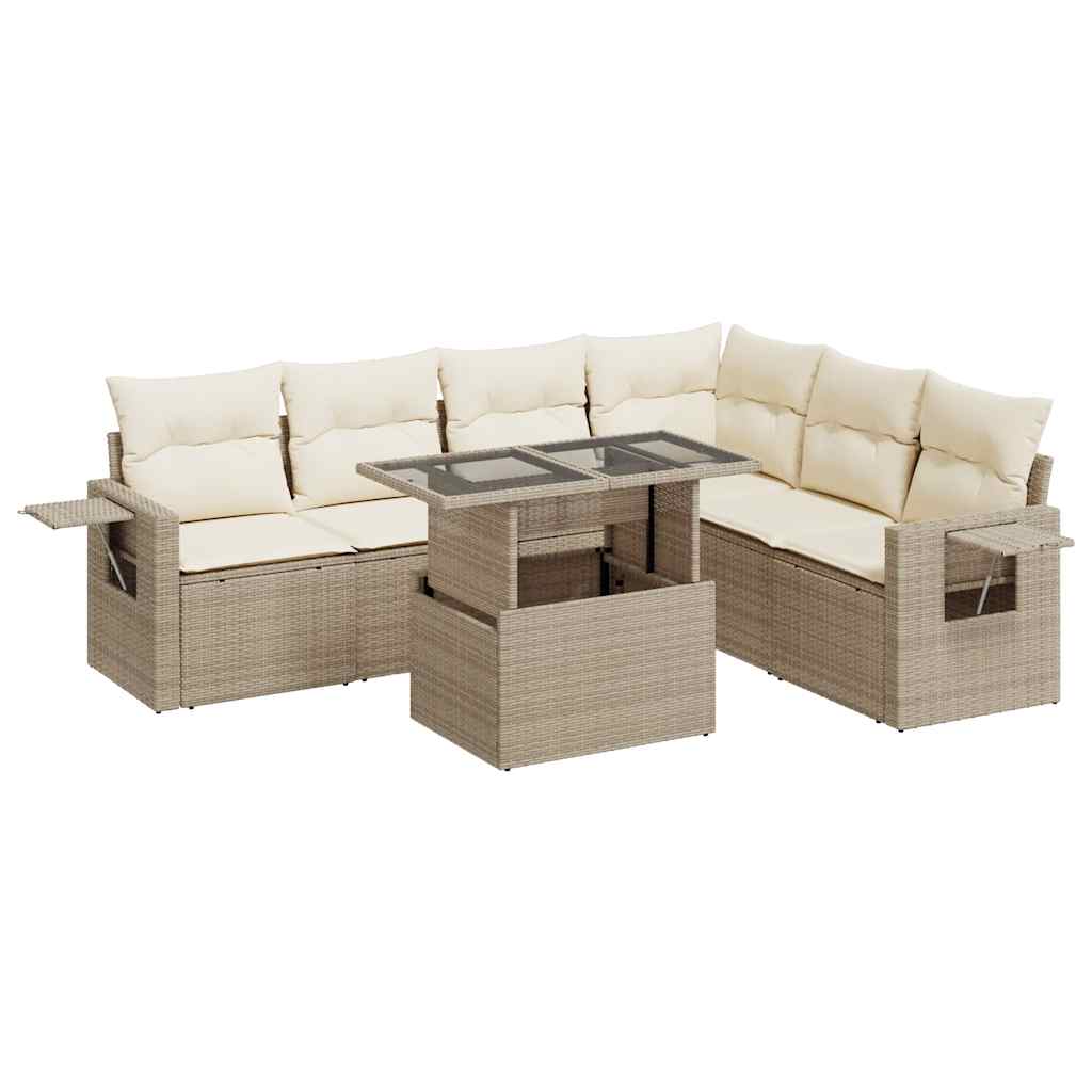 7-tlg. Garten-Sofagarnitur mit Kissen Beige Poly Rattan