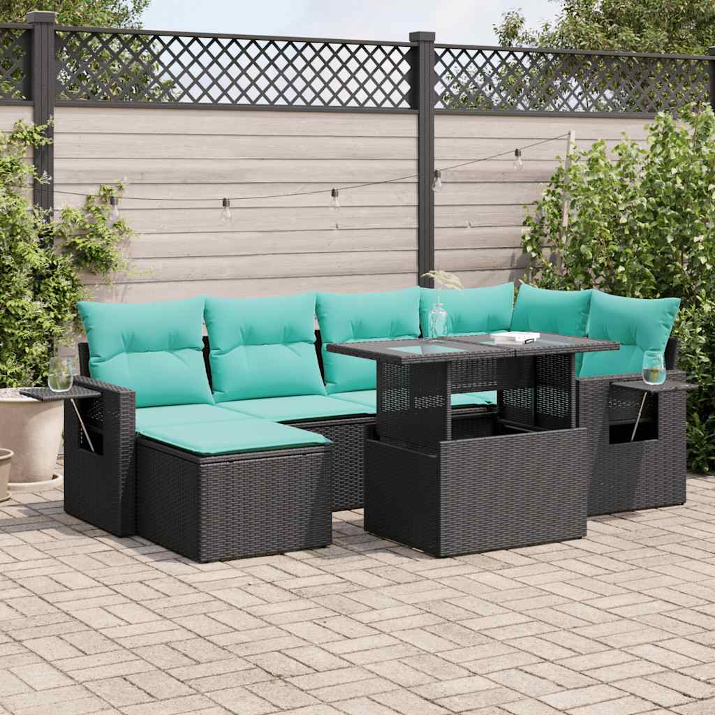 7-tlg. Garten-Sofagarnitur mit Kissen Schwarz Poly Rattan